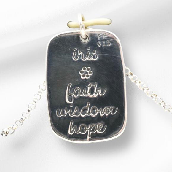 Far Fetched Amethyst Iris Flower Quote Pendant Necklace 925 Sterling Silver - Picture 2 of 4